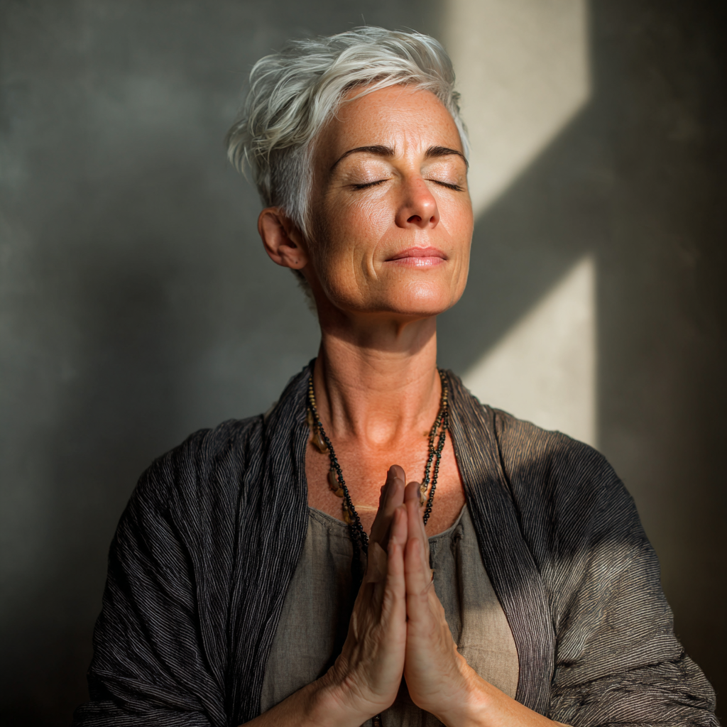50 years old woman in meditative yoga pose surrounded by soft natural lighting