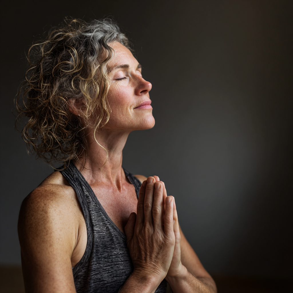 51 years old woman in contemplative yoga position