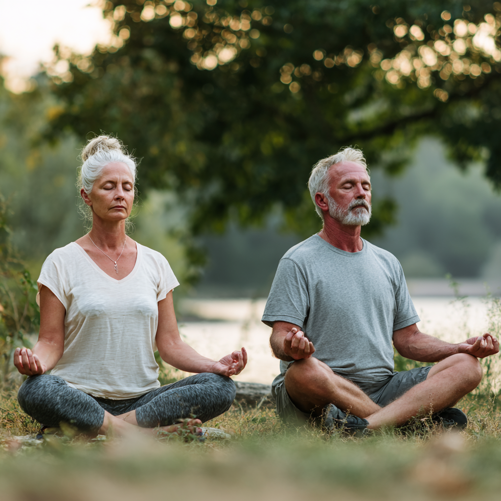 52 years old adults practicing gentle yoga movements in natural setting